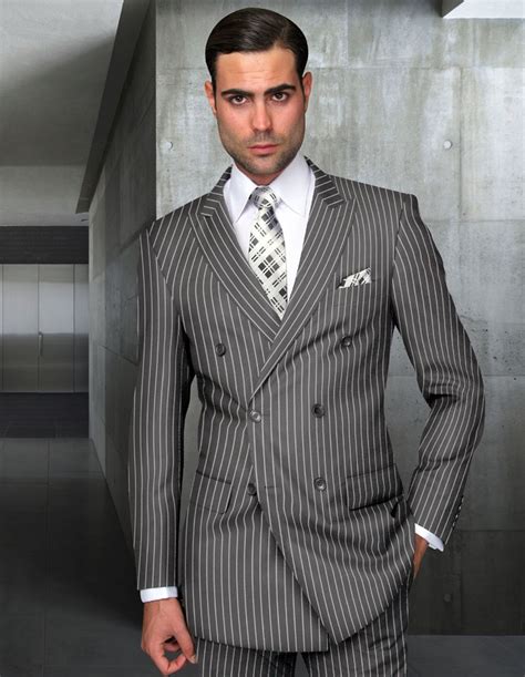 2pc Gray Bold Pinstripe Double Breasted Suit Double Breasted Super