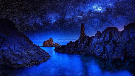 Wallpaper Starry Stars Sea Water Reflection Landscape • Wallpaper