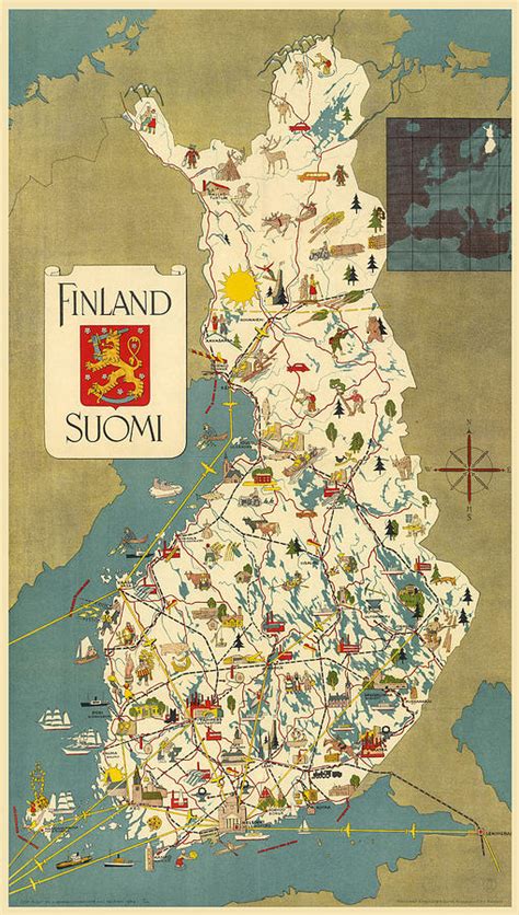 Finland Suomi Vintage Illustrated Map Of Finland Historical Map
