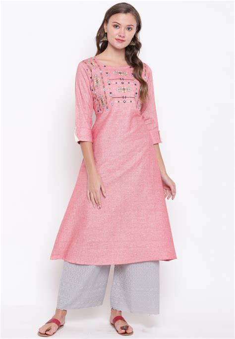 Pink Cotton Readymade Kurti 199219 In 2020 Pink Kurti Party Wear