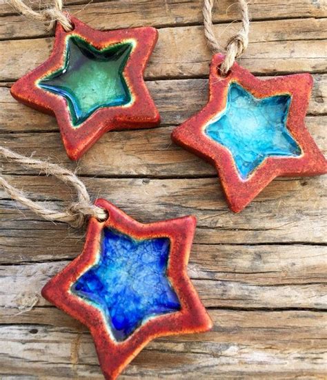 Set Of 3 Handmade Ceramic Star Ornaments With Melted Glass