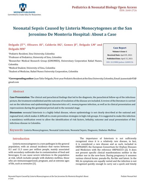 Pdf Neonatal Sepsis Caused By Listeria Monocytogenes At The San