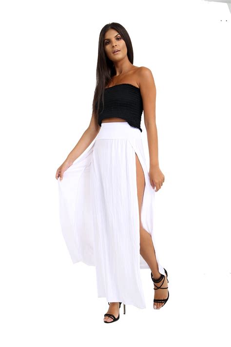 New Ladies Plain Double Split High Waist Side Slit Basic Summer Long Maxi Skirt Ebay