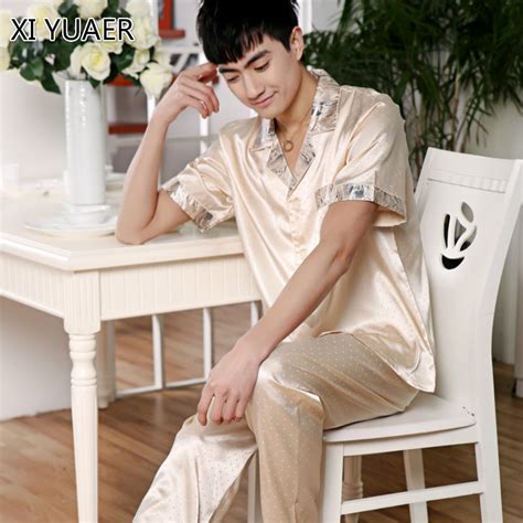 Xi Yuaer Mens Stain Silk Pajama Set Men Pajamas Silk Sleepwear Men