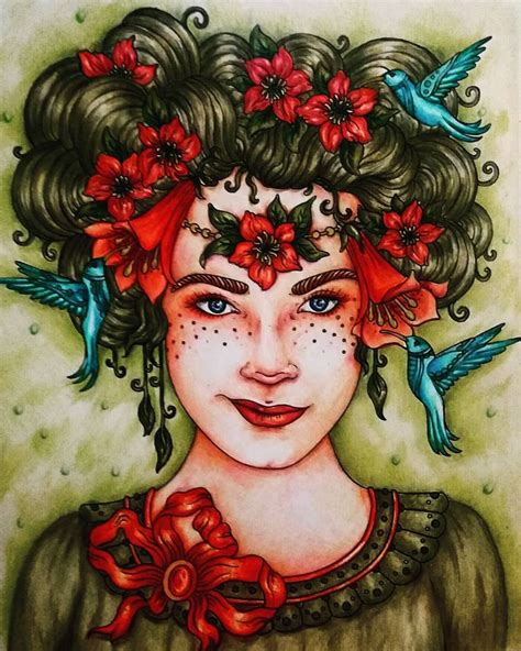 A Drawing Of A Woman With Red Flowers In Her Hair And Birds Around Her Head
