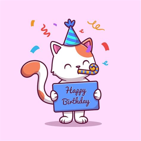 Lindo Cumpleaños Gato Con Confeti Dibujos Animados Icono Ilustración