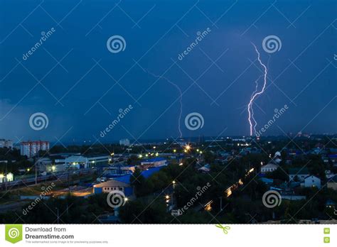 Lightning Storm Over City In Blue Light Stock Photo Image Of Night