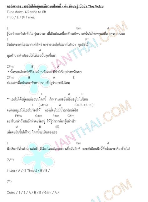สร้างความเศร้าโศกให้วงการเพลงและแฟนๆ ยุค 90 เมื่อมีรายงานว่าวันนี้ (13 พ.ค) พบศพ ต้อ กุลวัฒน์ พรหมสถิต อายุ 55 ปี ศิลปินยุค 90 เจ้าของเพลงดัง ไม่. คอร์ดเพลง เธอไม่ได้อยู่คนเดียวบนโลกนี้ - คิง พิเชษฐ์ บัวขำ ...
