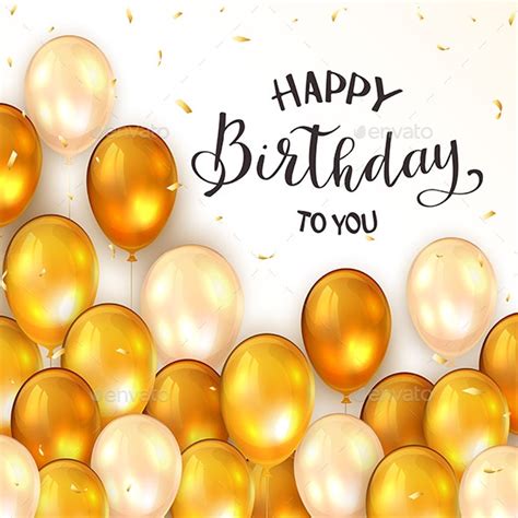 Golden Birthday Balloons And Confetti On White Background By Losw