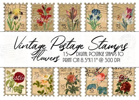Vintage Postage Stamps Flowers Printables Junk Journal Etsy