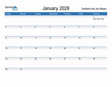 January 2028 Monthly Calendar With Svalbard And Jan Mayen Holidays