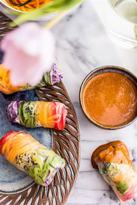Traditional recipe for spring rolls. Rainbow Spring Rolls with Papaya Noodles + Spicy Peanut ...
