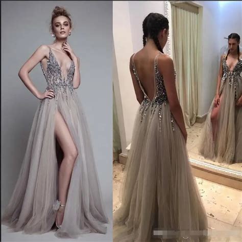 sexy beads thigh split evening dresses plunging neckline backless berta a line prom gowns floor