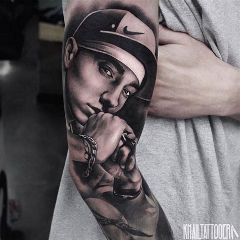 Black And Grey Eminem Sleeve Tattoo