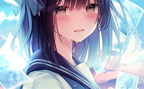 Wallpaper Cute Anime School Girl Missing Someone Black Hair Teary