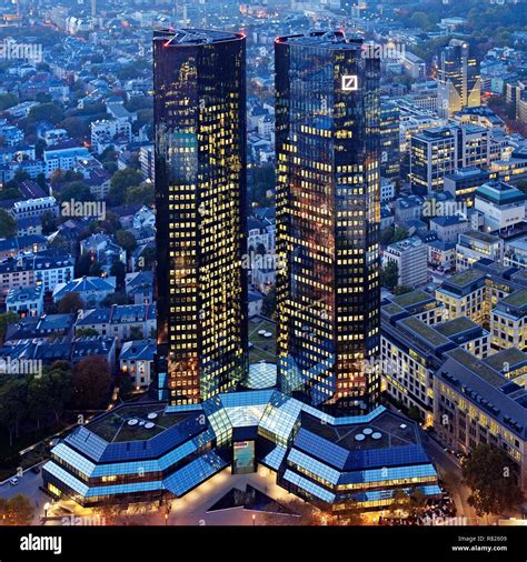 Mirrored Twin Towers Of Deutsche Bank At Dusk Group Headquarters