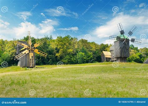 Old Wooden Windmills In A Field Stock Image Image Of Europe Grass