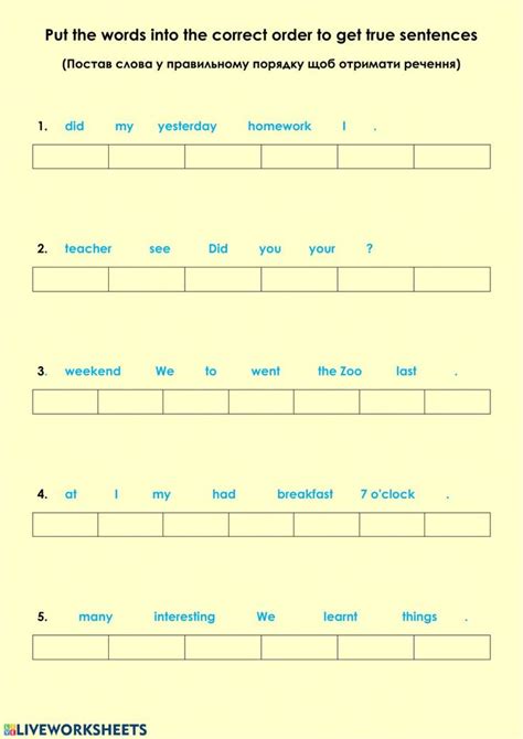 Past Simple Interactive Worksheet Simple Past Tense Word Order