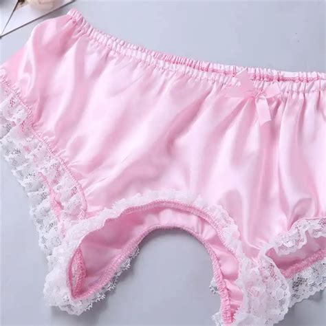 Gay Mens Lingerie Briefs Sissy Satin Panties Soft Shiny Ruffled Floral Lace Trim Open