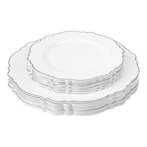 Scallop Disposable Plastic Plates 40 Pcs Combo Pack White Silver Tri