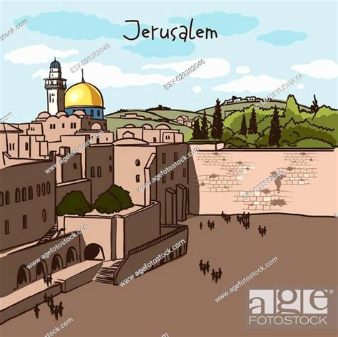 Jerusalem Israel Old City Skyline Wailing Wall Handmade Drawing