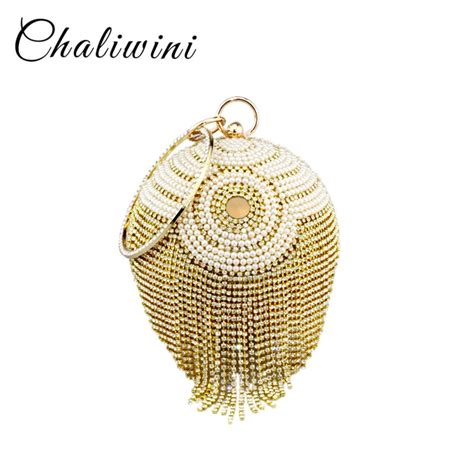 Chaliwini New Design Silver Bowling Shape Totes Bag Beaded Pearl Striped Flower Ball Wristlets