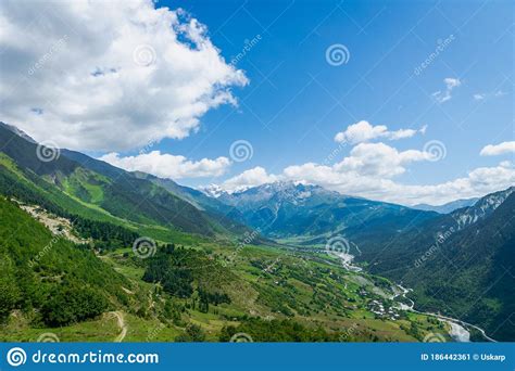 Svaneti Mountain And Village Landscape At The Trekking And Hiking Route