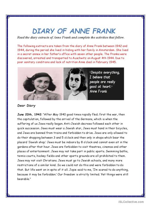 Anne Franks Diary English Esl Worksheets Pdf And Doc