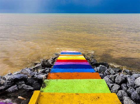 Rainbow Colour Staircase Into The Sea Stock Image Image Of Colourful
