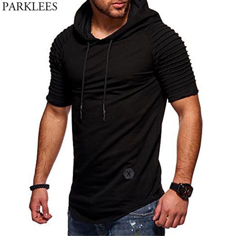 Newest Ribbed Hooded T Shirt Men Fashion Shoulder Fold Short Sleeve