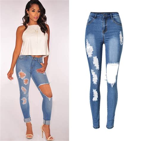 New Ultra Stretchy Blue Tassel Ripped Hole Higt Waist Jeans Woman Denim Pants Trousers For Women