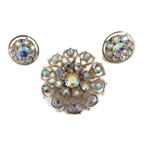 Aurora Borealis Rhinestones Snowflake Brooch And Earrings Set Vintage