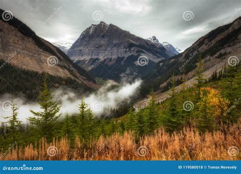The Rocky Mountains In British Columbia On An Overcast Autumn Day Stock