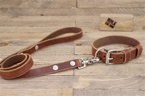 Leather Dog Collar Dog Leash Set Collar And Leash Free Id Etsy