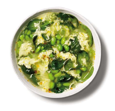 Pour beaten eggs into soup in a steady stream; Egg Drop Soup with Edamame and Spinach | Recipe | Egg drop soup, Spinach soup, Egg drop