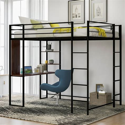 Metal Loft Bed Full Size With 2 Shelves And 1 Desk Heavy Duty Metal