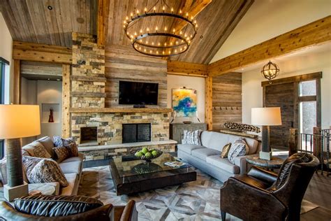 Rustic Living Room Ideas Living Room Rustic With Siding And Stone Veneer Wood Siding Gray Rugs