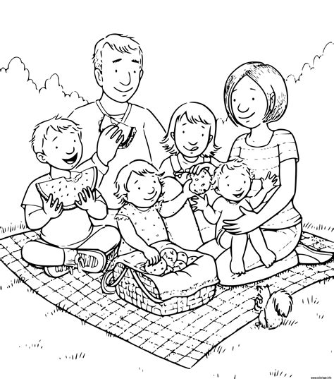 Coloriage Famille De Quatre Enfants Fait Un Picnic Dessin Famille à