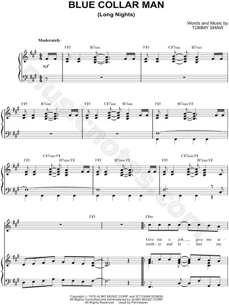 styx blue collar man long nights sheet music in f minor transposable download and print