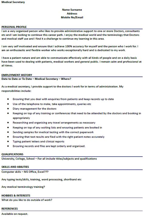 The cv or curriculum vitae is a candidate's first chance in making a good impression before a potential employer. Medical Secretary CV Example - icover.org.uk