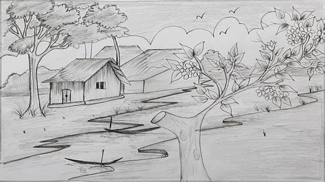 How To Draw A Village Scenery With Pencil Step By Step Village Scene