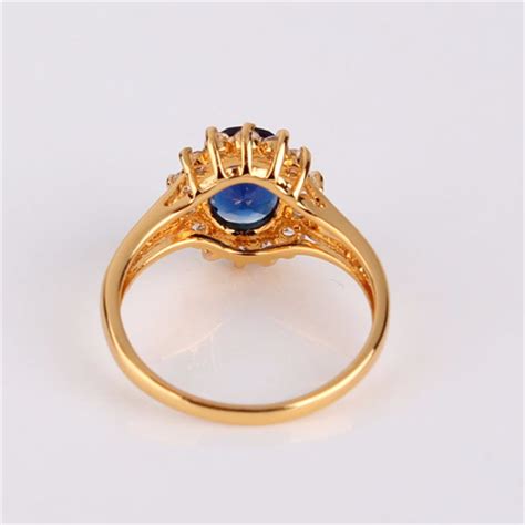 F2m Shop Gold Plated Blue Stone Ring With Big Oval Crystal Zirconia