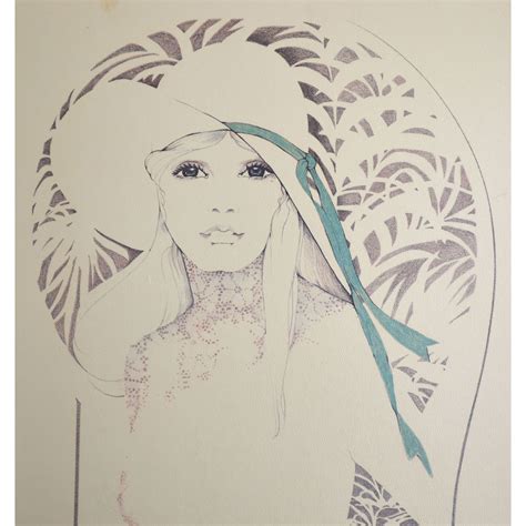 1970s William Tara Lady In Wide Brim Hat 28 X 22 Lithograph Art Print