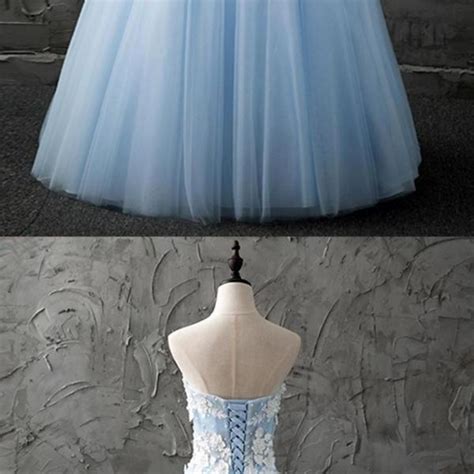 sweetheart blue tulle long customized evening dress with appliques on luulla