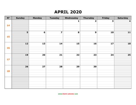Free Download Printable April 2020 Calendar Large Box Grid Space For