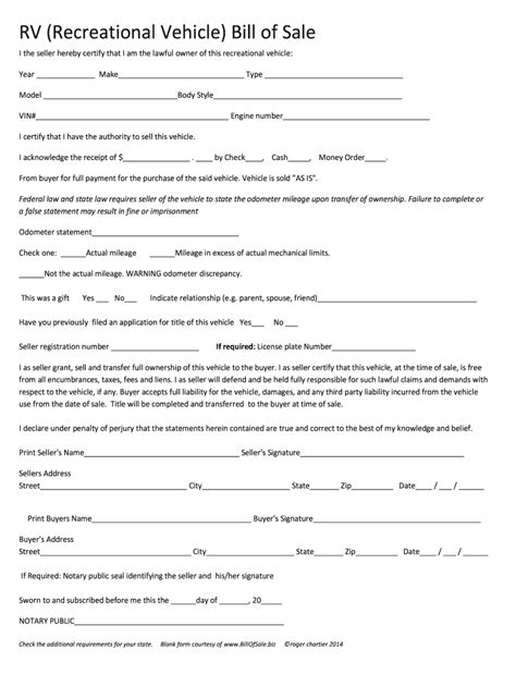 Rv Recreational Vehicle Bill Of Sale Fill Out And Sign Online Dochub