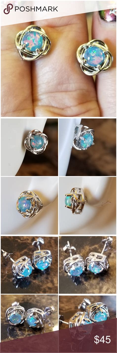 Blue Fire Opal Stud Earrings Set In Stamped Solid Sterling Silver