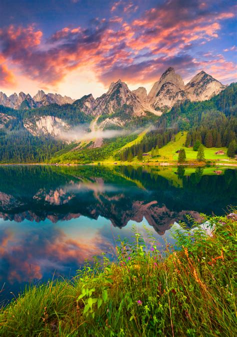 Colorful Summer Sunrise On The Vorderer Gosausee Lake In The Austrian