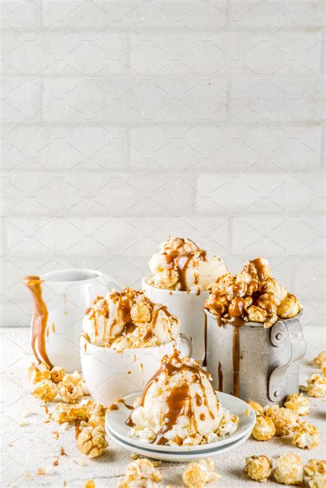 Homemade Caramel And Popcorn Ice Cream On White Marble Ice Cream Copy
