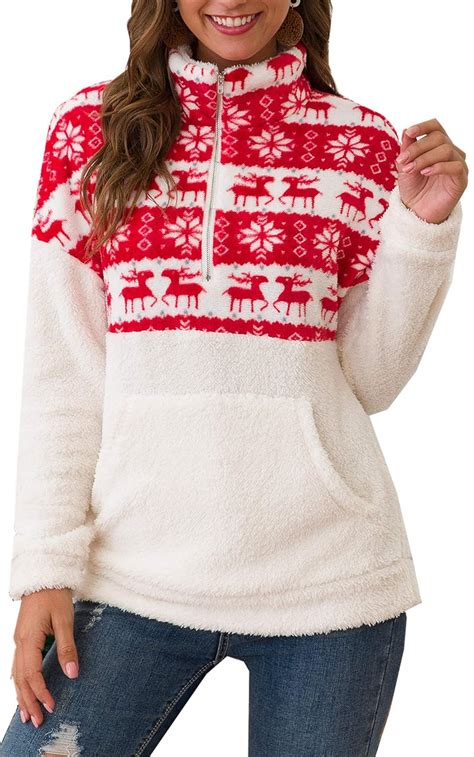 angashion womens half zip warm fuzzy christmas deer print patchwork fleece pullover tops with